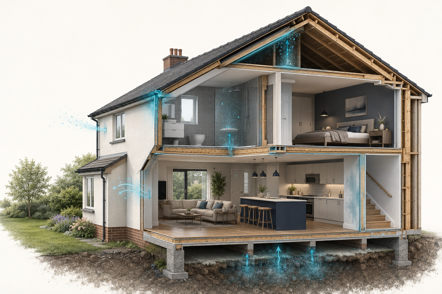 Cutaway of a home showing places where moisture, air movement and particles may be hidden